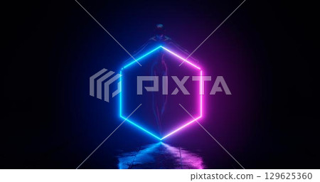 3d rendering. The girl who holds in her hands a glowing neon hexagon, which stands on a stone floor. Weak neon lighting with a deep blue background. 129625360