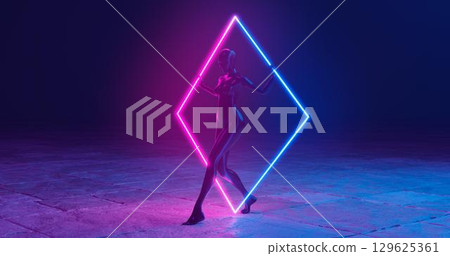 3d rendering. A girl or a female mannequin that passes through a neon rhombus that stands on a stone floor. Weak neon lighting with a deep blue background. 129625361