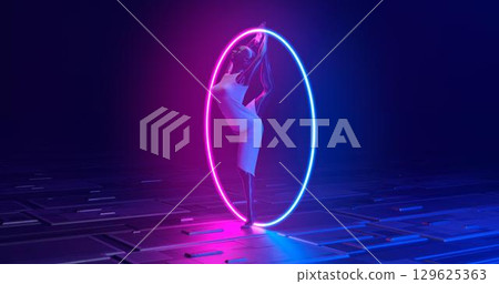 3d rendering. The Moniken girl in a white dress does vertical twine inside the luminous hoop on a high-tech surface. on a deep blue background. 3d rendering. The Moniken girl in a white dress does vertical twine inside the luminous hoop on a high-tech surface. on a deep blue background. 129625363