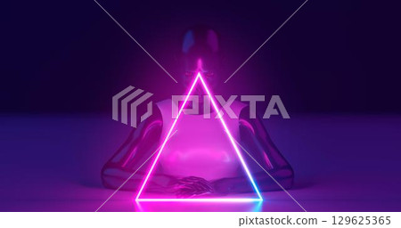 3D rendering. A mannequin girl of dark glossy material, dressed in bright glossy clothes, behind a luminous neon triangle, on a flat surface. On a dark blue background. 3D rendering. A mannequin girl of dark glossy material, dressed in bright glossy clothes, behind a luminous neon triangle, on a flat surface. On a dark blue background. 129625365