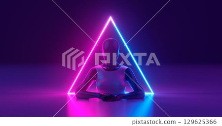 3D rendering. A girl mannequin made of dark glossy material, dressed in bright glossy clothes, in front of a glowing neon triangle, on a flat surface. On a dark blue background. 3D rendering. A girl mannequin made of dark glossy material, dressed in bright glossy clothes, in front of a glowing neon triangle, on a flat surface. On a dark blue background. 129625366