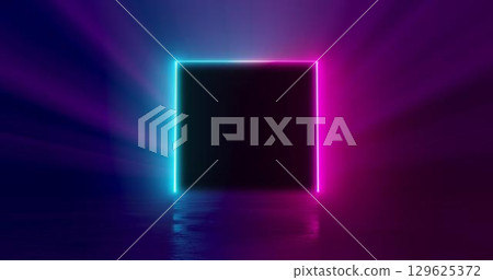 3d rendering illustration. Neon square in LED lighting against the background of rays from a searchlight. For your creativity. 129625372
