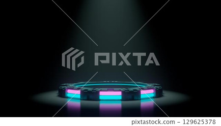 3d rendering. Dark Studio with geometric shapes, a podium with neon luminous stripes on the field. Platforms for product presentation, background layout. Abstract composition in a minimalist design. 3d rendering. Dark Studio with geometric shapes, a podium with neon luminous stripes on the field. Platforms for product presentation, background layout. Abstract composition in a minimalist design. 129625378