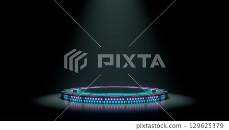 3d rendering. Dark Studio with geometric shapes, a podium with neon luminous stripes on the field. Platforms for product presentation, background layout. Abstract composition in a minimalist design. 129625379