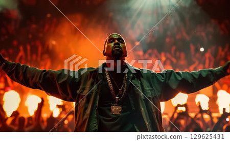 silhouette of black african american hip hop artist or rapper on illuminated scene with crowd of people, musical festival event with famous celebrity 129625431