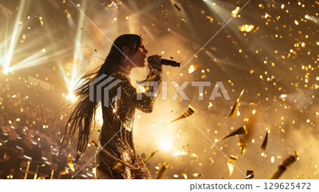 beautiful woman singing in microphone at stage of musical festival, female artist sing song on scene 129625472