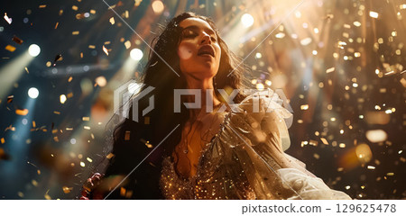 beautiful woman singing in microphone at stage of musical festival, female artist sing song on scene 129625478