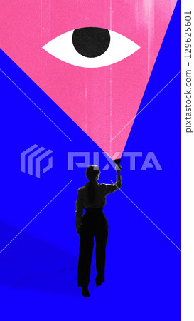 Bold colorful poster. Woman holding flashlight projecting pink beam forming large eye symbol 129625601
