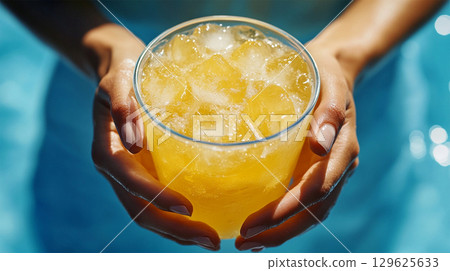 清爽的夏日淺藍色背景和一隻手拿著冰鎮橙汁的特寫_淺藍色和橙色背景材料 清爽的夏日淺藍色背景和一隻手拿著冰鎮橙汁的特寫_淺藍色和橙色背景材料 129625633