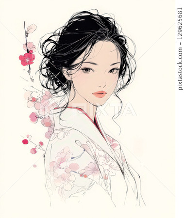 新年的梅花和穿著和服的女人 129625681
