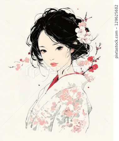 新年的梅花和穿著和服的女人 129625682