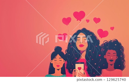 young woman holding smartphone in a colorful, vibrant digital environment filled with emojis and icons, social media messaging and communication concept 129625740