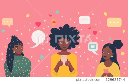 young woman holding smartphone in a colorful, vibrant digital environment filled with emojis and icons, social media messaging and communication concept 129625744