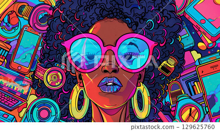 Stylish woman with afro and neon sunglasses surrounded by cameras and tech icons. Vibrant, futuristic pop-art vibe, capturing essence of modern technology and creative expression Stylish woman with afro and neon sunglasses surrounded by cameras and tech icons. Vibrant, futuristic pop-art vibe, capturing essence of modern technology and creative expression 129625760