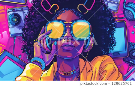 Stylish woman with afro and neon sunglasses surrounded by cameras and tech icons. Vibrant, futuristic pop-art vibe, capturing essence of modern technology and creative expression Stylish woman with afro and neon sunglasses surrounded by cameras and tech icons. Vibrant, futuristic pop-art vibe, capturing essence of modern technology and creative expression 129625761