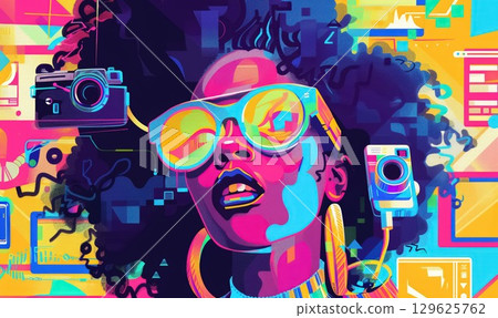 Stylish woman with afro and neon sunglasses surrounded by cameras and tech icons. Vibrant, futuristic pop-art vibe, capturing essence of modern technology and creative expression Stylish woman with afro and neon sunglasses surrounded by cameras and tech icons. Vibrant, futuristic pop-art vibe, capturing essence of modern technology and creative expression 129625762