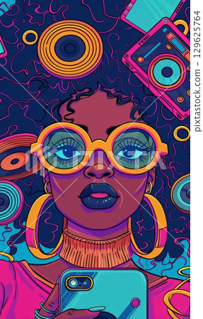 Stylish woman with afro and neon sunglasses surrounded by cameras and tech icons. Vibrant, futuristic pop-art vibe, capturing essence of modern technology and creative expression 129625764