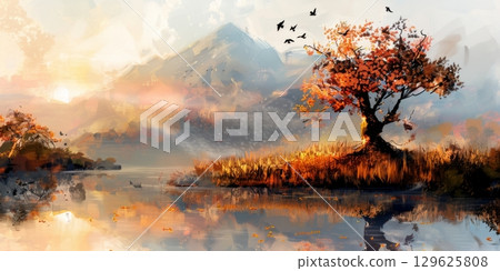 Vibrant autumn landscape reflecting in serene lake at sunset 129625808
