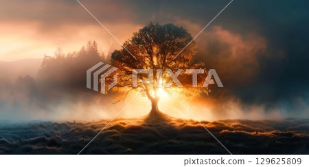 Majestic tree standing alone at sunrise in a misty landscape Majestic tree standing alone at sunrise in a misty landscape 129625809