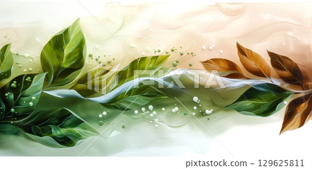 Abstract green and brown leaves flowing on a gentle current 129625811