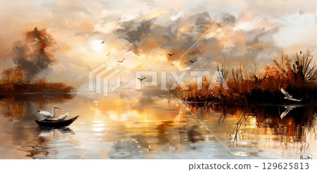 White herons relaxing on a boat at sunset over lake or river with birds flying White herons relaxing on a boat at sunset over lake or river with birds flying 129625813