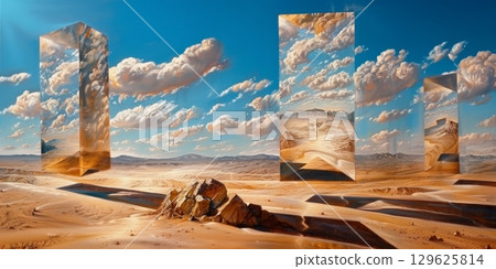 Surreal desert landscape reflecting in transparent monoliths under cloudy sky Surreal desert landscape reflecting in transparent monoliths under cloudy sky 129625814