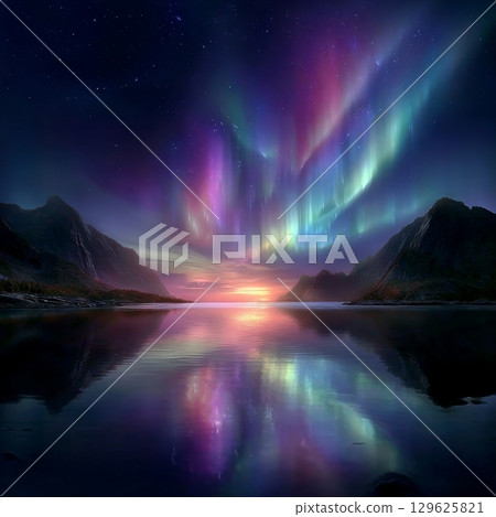 Vibrant northern lights illuminating tranquil mountain lake at sunset 129625821