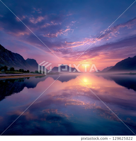 Sunrise is painting dramatic sky over mountains reflected in calm water 129625822