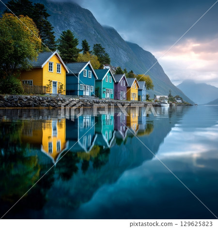 Colorful wooden houses reflecting in norwegian fjord at sunset 129625823