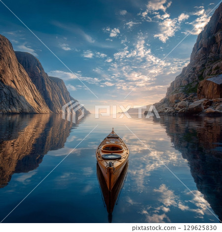Kayak reflecting on calm water between cliffs at sunset in norway Kayak reflecting on calm water between cliffs at sunset in norway 129625830