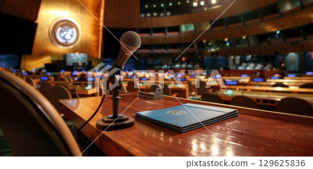 Microphone stands ready for speech at united nations general assembly hall 129625836