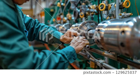 Technician adjusting industrial machinery for production 129625837