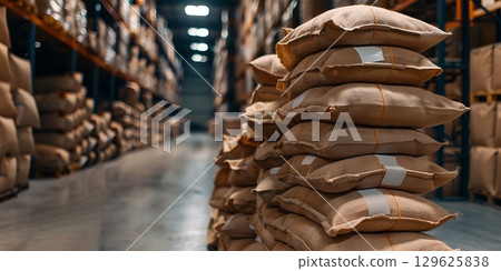 Stacked burlap sacks in a flour warehouse 129625838