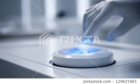 Futuristic and Medical research concept, A hand in a glove interacts with a glowing button on a sleek surface. 129625865