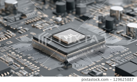 AI circuit technology and Medical Research concept, Close-up of a microchip on a circuit board with intricate details. AI circuit technology and Medical Research concept, Close-up of a microchip on a circuit board with intricate details. 129625887