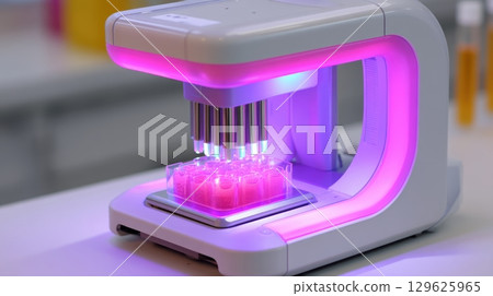 The future AI medical laboratory and research concept, Sleek lab device with colorful lights for scientific experiments. 129625965