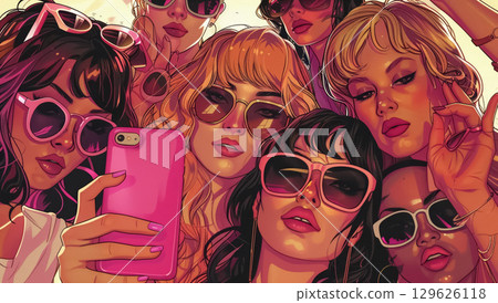 Group of stylish women in sunglasses taking a selfie with a pink phone, showcasing trendy fashion, fun expressions, and a vibrant summer atmosphere in a close-up shot 129626118