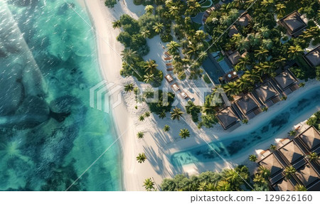 Aerial view of tropical island resort with lush greenery and pristine sea beachfront under bright sunlight, smooth sand, vibrant palm trees, and luxurious villas along the shoreline 129626160