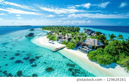 aerial view of lush tropical island surrounded by vibrant turquoise waters of sea or ocean and coral reefs during the day 129626161
