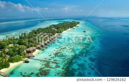 Aerial view of tropical island resort with lush greenery and pristine sea beachfront under bright sunlight, smooth sand, vibrant palm trees, and luxurious villas along the shoreline 129626162