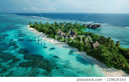 Aerial view of tropical island resort with lush greenery and pristine sea beachfront under bright sunlight, smooth sand, vibrant palm trees, and luxurious villas along the shoreline 129626163