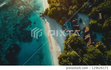 Aerial view of tropical island resort with lush greenery and pristine sea beachfront under bright sunlight, smooth sand, vibrant palm trees, and luxurious villas along the shoreline Aerial view of tropical island resort with lush greenery and pristine sea beachfront under bright sunlight, smooth sand, vibrant palm trees, and luxurious villas along the shoreline 129626171