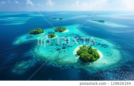 aerial view of lush tropical island surrounded by vibrant turquoise waters of sea or ocean and coral reefs during the day aerial view of lush tropical island surrounded by vibrant turquoise waters of sea or ocean and coral reefs during the day 129626184
