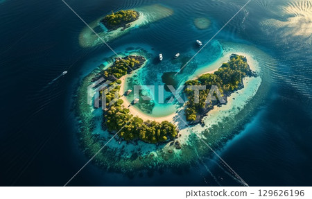 aerial view of lush tropical island surrounded by vibrant turquoise waters of sea or ocean and coral reefs during the day 129626196