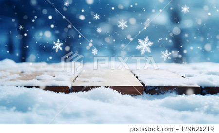 Peaceful Winter Snowy Wooden Deck with Falling Snowflakes Background 129626219