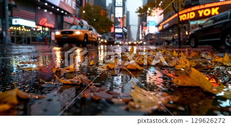 Yellow autumn leaves floating on wet asphalt in times square, new york city 129626272