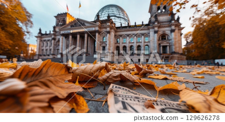 Reichstag building with autumn leaves and dollar bill on the ground 129626278