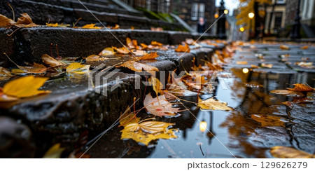 Autumn leaves floating on wet stone steps in european city 129626279