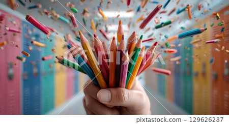 Hand holding colorful pencils exploding in school hallway 129626287