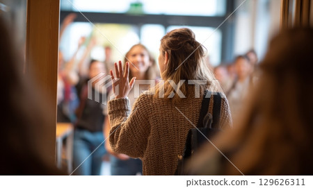 Teacher greeting students entering classroom before math lesson Teacher greeting students entering classroom before math lesson 129626311